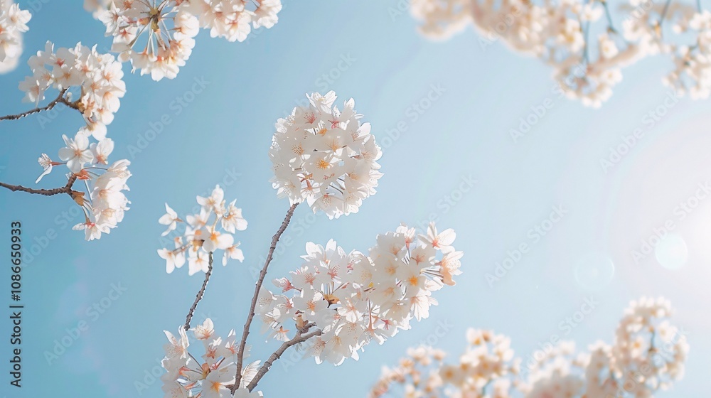 Blossoms of cherry trees against a clear sky