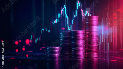 Digital financial graph with glowing neon colors representing stock market trends photo