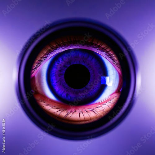 A close up of a person's eye with a purple iris