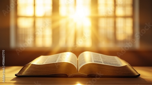 Open book in warm golden sunlight with a spiritual and peaceful atmosphere photo