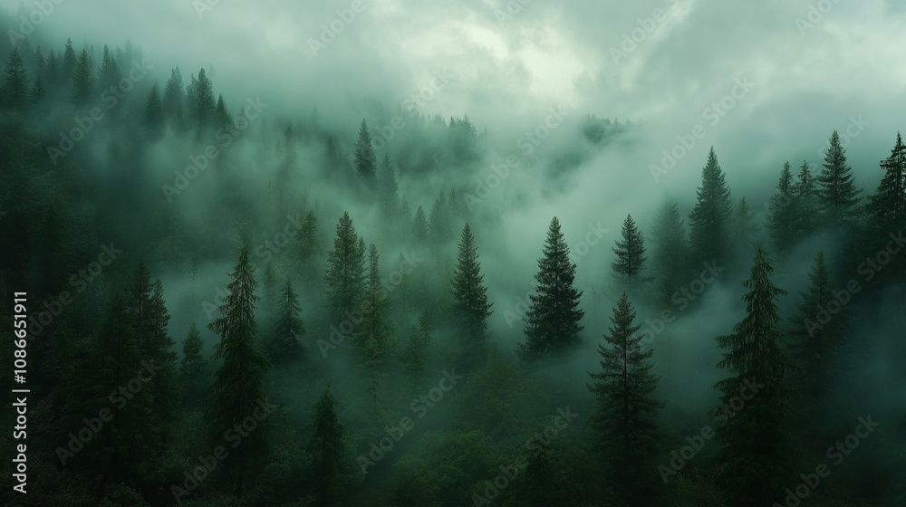 Foggy evergreen forest with tall trees disappearing into thick mist Foggy evergreen forest with tall trees disappearing into thick mist