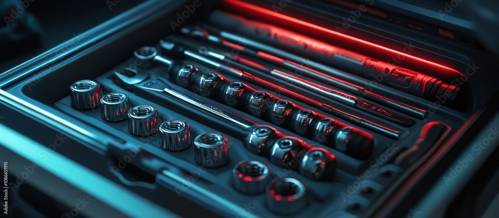 Professional-quality image of a detailed socket set in a toolbox with sizes and labels visible Professional-quality image of a detailed socket set in a toolbox with sizes and labels visible