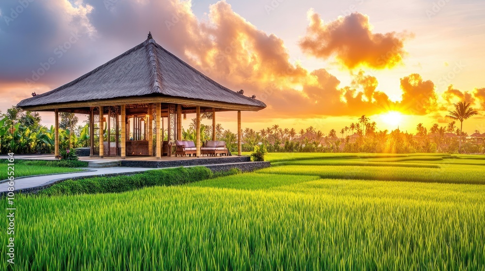 A bamboo house with expansive rice fields and a vibrant sunset painting the sky A bamboo house with expansive rice fields and a vibrant sunset painting the sky
