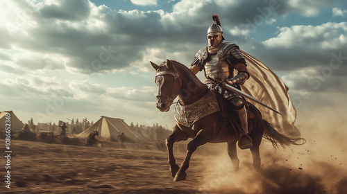 A Roman centurion in armor riding a horse