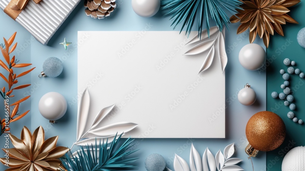 Obraz premium A minimalist Christmas flat lay featuring ornaments, gift boxes, and a blank card for seasonal blank greetings, perfect for holiday designs and email marketing