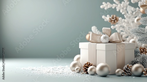 Layered snowthemed textures highlighting elegant gift boxes with sale percentages, Holiday Offers, refined festive beauty photo