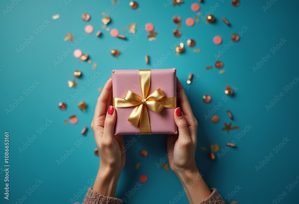 Woman hands holding elegant present gift box with golden ribbon over blue background with confetti Woman hands holding elegant present gift box with golden ribbon over blue background with confetti