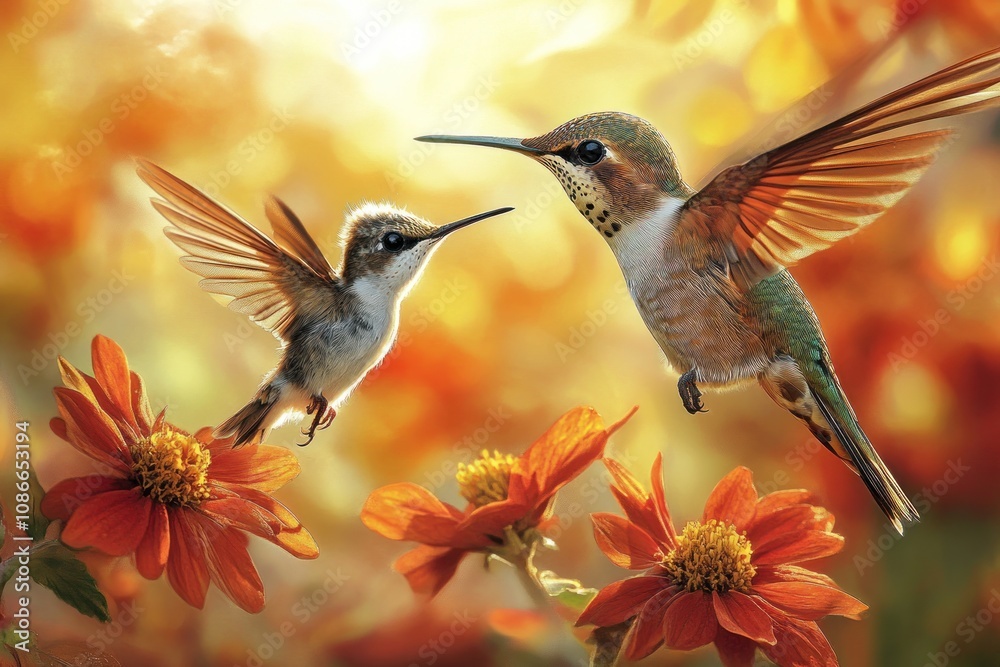 Two hummingbirds interact amidst vibrant flowers in a warm, glowing environment. Two hummingbirds interact amidst vibrant flowers in a warm, glowing environment.