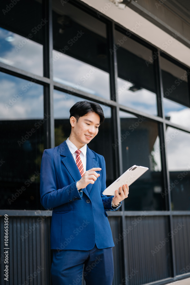 Confident Asian man with a smile standing holding notepad and tablet at out side office. big city on business center Confident Asian man with a smile standing holding notepad and tablet at out side office. big city on business center