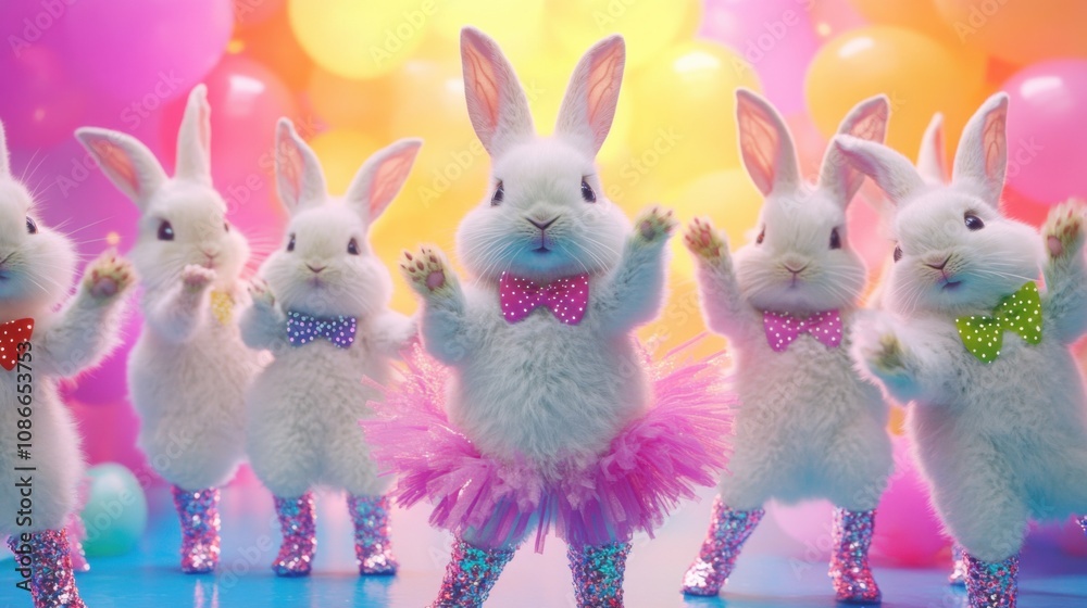 A fun scene featuring a bunch of fluffy rabbits in quirky, quality