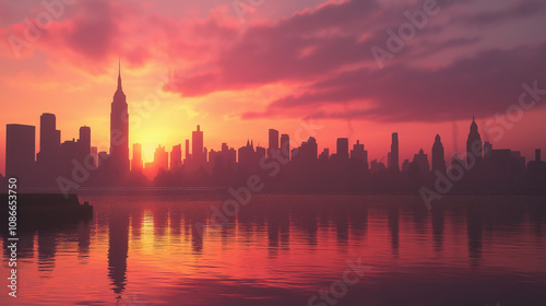 The silhouette of New York City on the horizon during sunset with high-rise buildings, a distant view of the city across the river