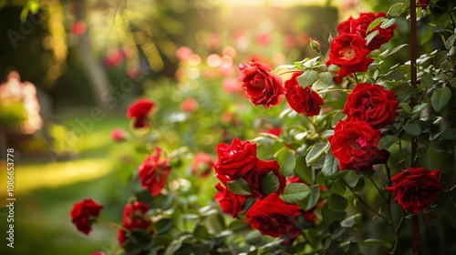 Red roses in a romantic garden setting