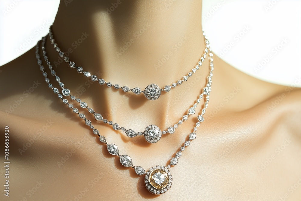 close up of a woman's neck wearing a diamond necklace jewelry close up of a woman's neck wearing a diamond necklace jewelry