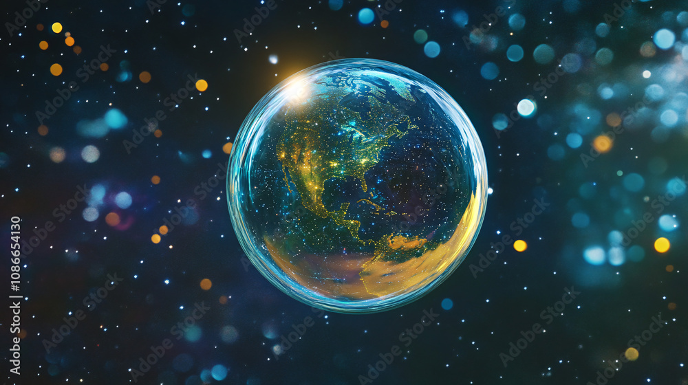 Fototapeta premium Earth Suspended in a Bubble, Reflecting Galaxies and Stars, Drifting Slowly Through Space 