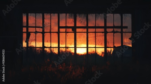 A vibrant sunset view through a broken window.