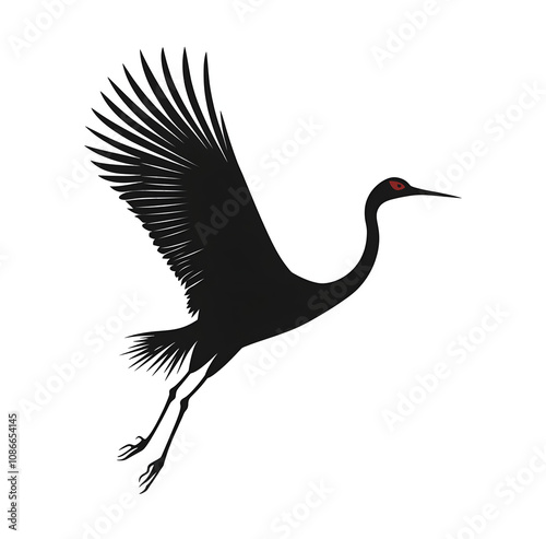  black silhouette of an elegant crane in flight, symbolizing grace and beauty, on a white background. photo