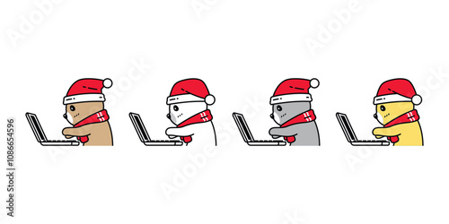 bear vector polar christmas santa claus hat working laptop computer icon teddy pet cartoon character illustration symbol clip art isolated