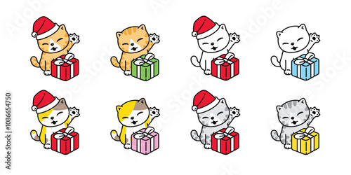 cat vector kitten christmas santa claus hat gift box calico icon neko pet cartoon character munchkin illustration symbol clip art isolated