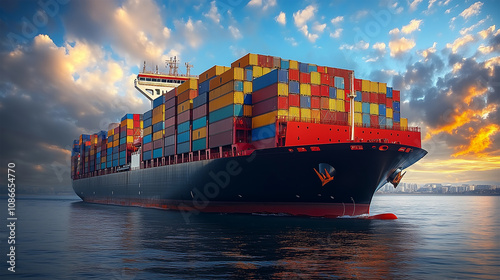 A large container ship with colorful containers sailing in the ocean.
