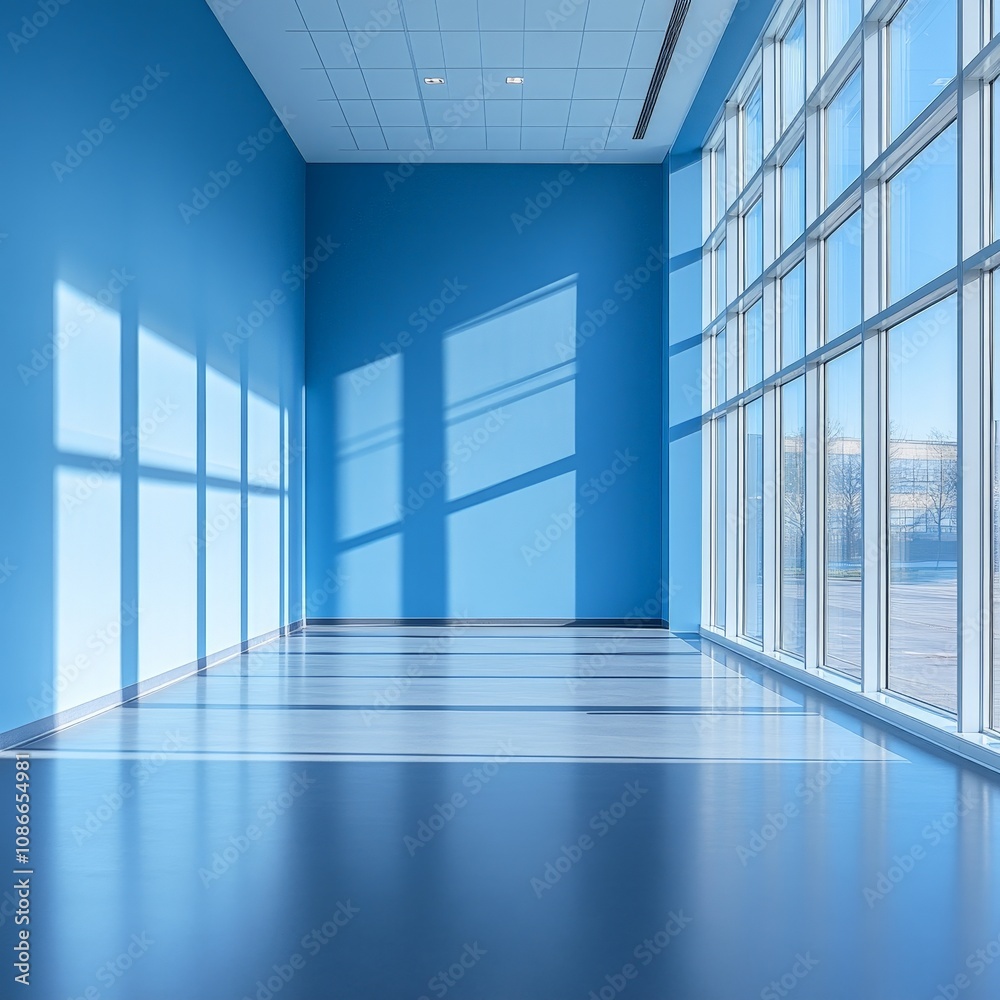 Modern empty room with soft sunlight and shadow cast on the blue wall Modern empty room with soft sunlight and shadow cast on the blue wall