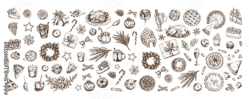 Hand-drawn Christmas set in sketch style. Festive decoration: wreath, gift, sweets, food, Christmas tree decor, drinks and spices sketches. Vintage design elements for winter holyday. Ingraved.