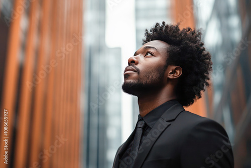 Portrait of a young businessman in a black suit looking upward with blurred modern architecture in the background.