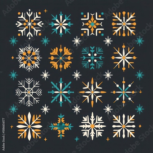 Minimalist snowflake and star icons in a square pattern on Deep Charcoal background using Goldenrod, Teal Blue, and Bright White with Charcoal Gray shadows and Light Gray emboss 