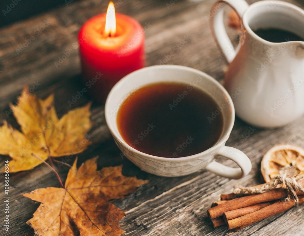 Cozy Coffee and Tea Setup with Autumn Leaves and Warm Candlelight Cozy Coffee and Tea Setup with Autumn Leaves and Warm Candlelight