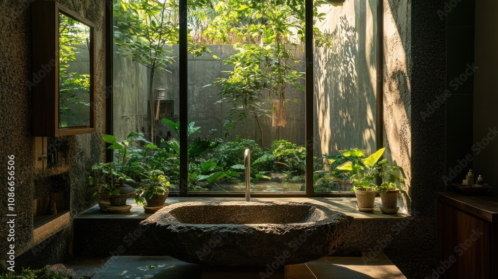 A serene bathroom featuring a stone sink and lush greenery visible through large windows. A serene bathroom featuring a stone sink and lush greenery visible through large windows.