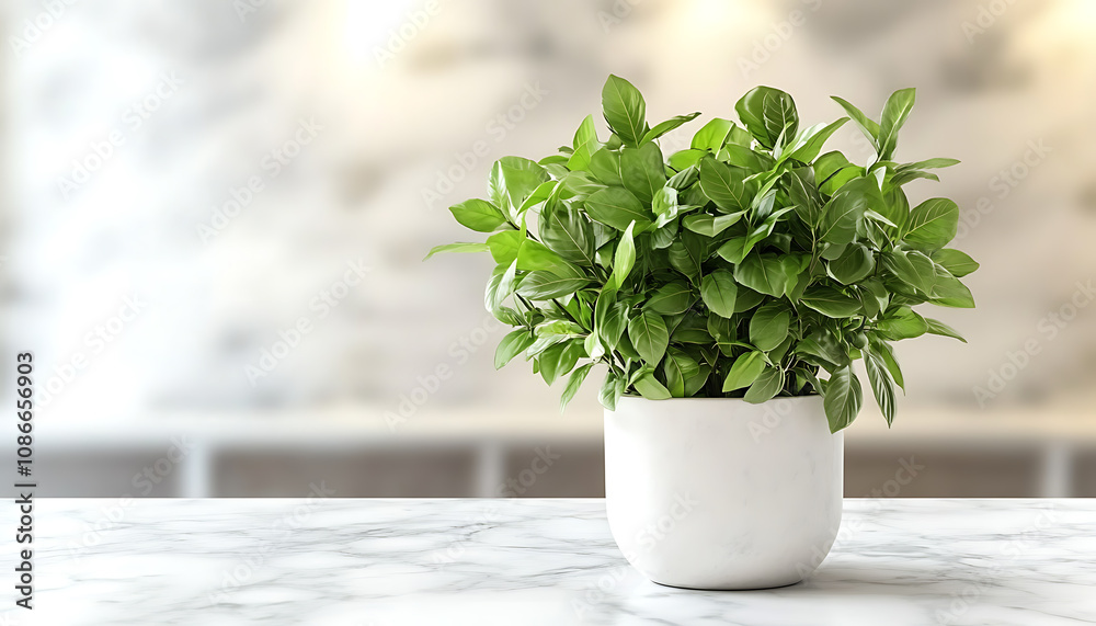 potted plant with green leaves sits on white marble table in brightly lit room copy space potted plant with green leaves sits on white marble table in brightly lit room copy space