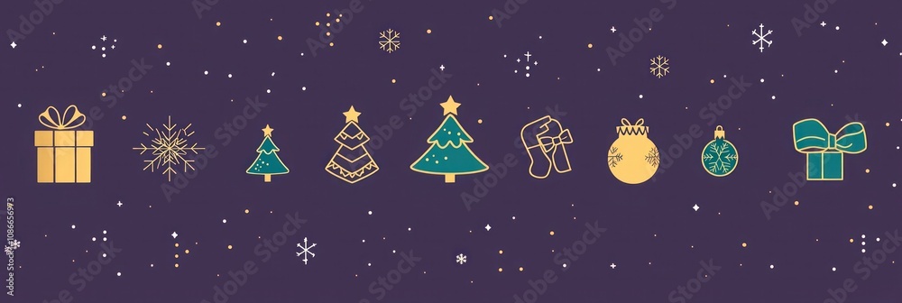 Minimal Christmas design on a Plum Purple background with icons in Bright Gold, Ice Blue, and Emerald Green with accents of Charcoal Gray shadows and Light Gray emboss Minimal Christmas design on a Plum Purple background with icons in Bright Gold, Ice Blue, and Emerald Green with accents of Charcoal Gray shadows and Light Gray emboss