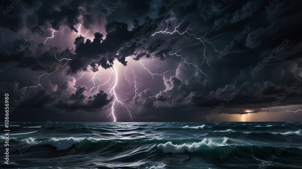 Fototapeta premium a lightning bolt is visible above the ocean.
