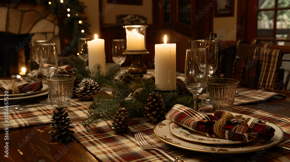 Rustic Christmas table setting with pinecones candles and plaid napkins warm holiday ambiance copy space Rustic Christmas table setting with pinecones candles and plaid napkins warm holiday ambiance copy space