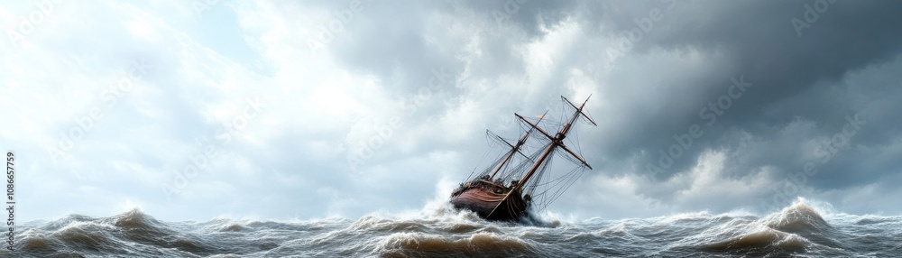 Obraz premium A ship battling tall waves under a dramatic sky, conveying a sense of struggle and adventure.