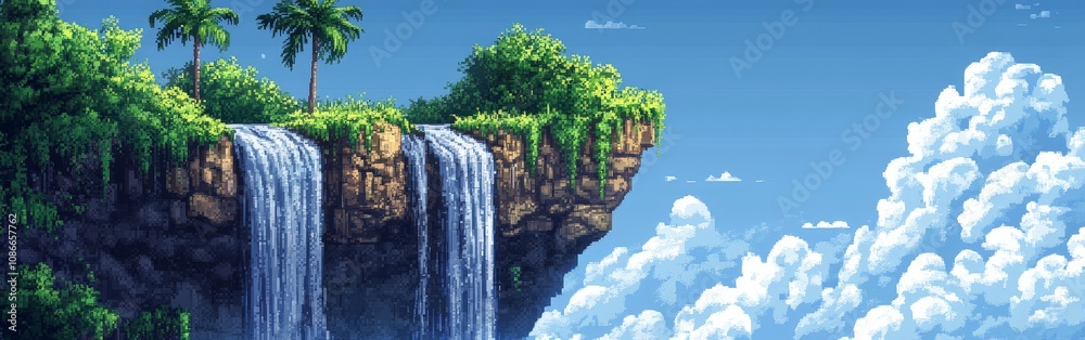 Naklejka premium Jungle cliff with waterfall in pixel art style with lush greenery