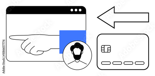 Hand pointing towards credit card with digital interface, user avatar, and left arrow. Ideal for online transactions, e-commerce, user verification, financial apps, digital identity, payment