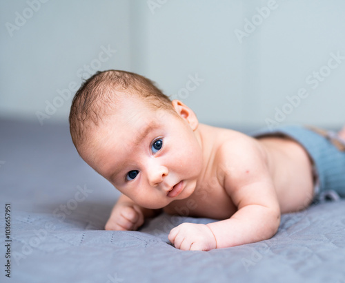 Εκτύπωση καμβά Cute baby crawling on a soft gray blanket indoors