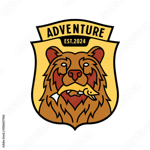 Adventure Bear Badge with Fish Illustration photo