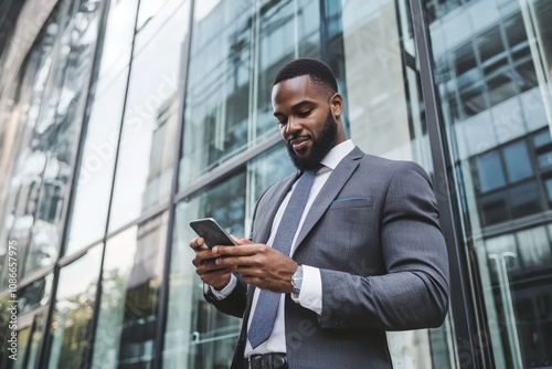 A businessman checking his smartphone outside an office, demonstrating the blend work and technology