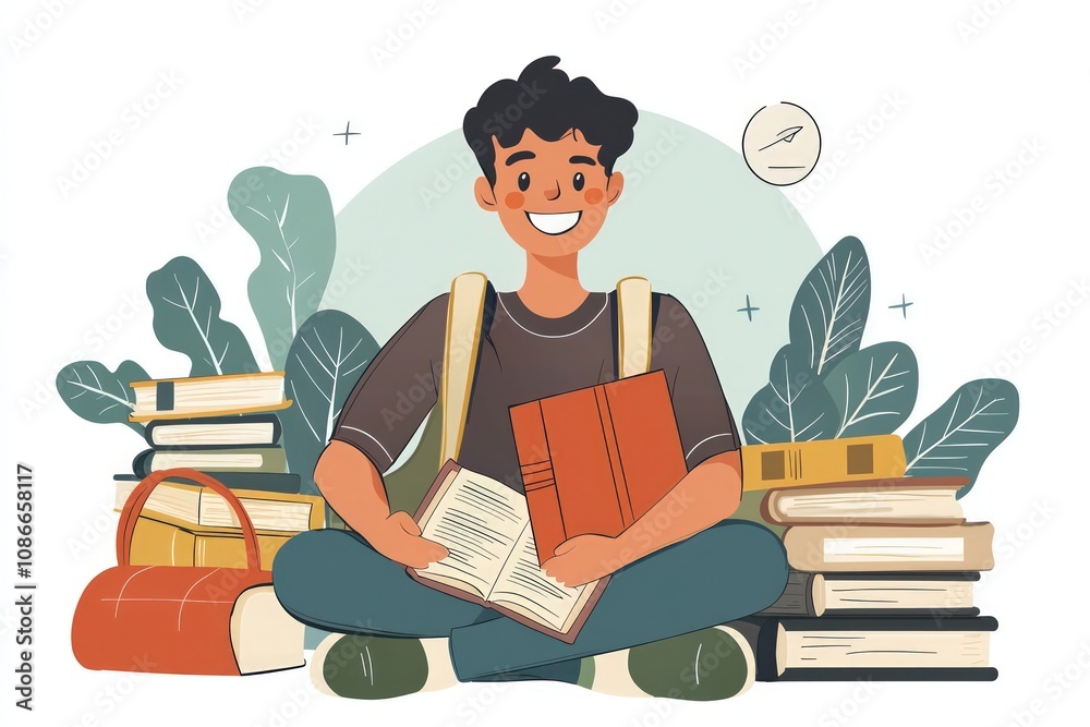 A cheerful young man surrounded by books and a bag, representing the learning