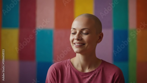  A bald woman after cancer chemotherapy no hair smiling and closed eyes on colorful painted background. World Cancer Day Banner of poster of art therapy. Copy space