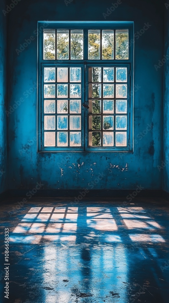 Modern empty room with soft sunlight and shadow cast on the blue wall Modern empty room with soft sunlight and shadow cast on the blue wall