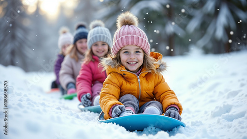 Children enjoy the joy of sledding down the hill, falling snowflakes and bright smiles.