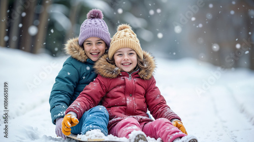 Children enjoy the joy of sledding down the hill, falling snowflakes and bright smiles.