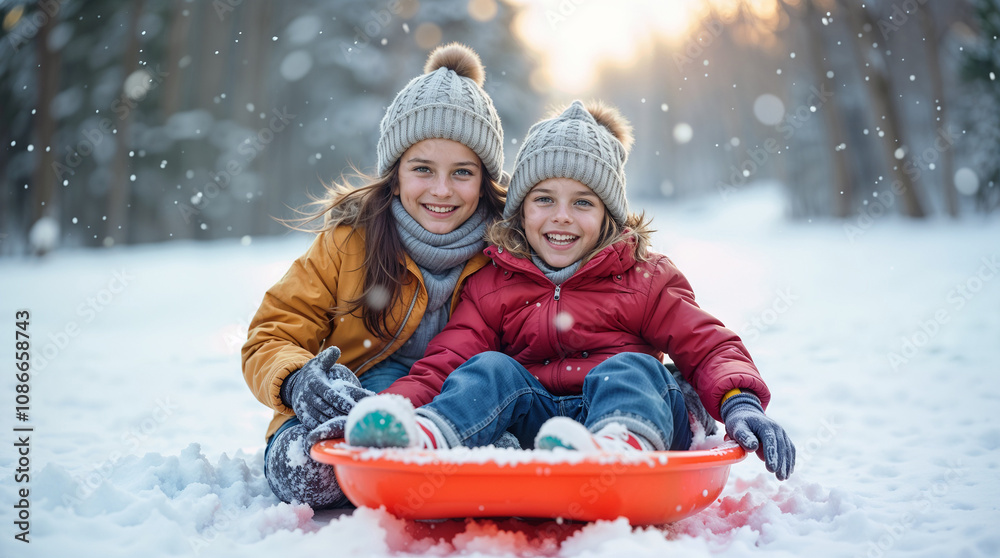Children enjoy the joy of sledding down the hill, falling snowflakes and bright smiles. Children enjoy the joy of sledding down the hill, falling snowflakes and bright smiles.