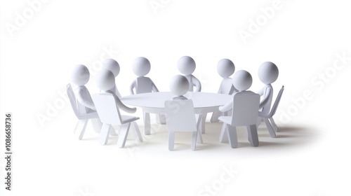 3D Model of Abstract Characters Gathering Around a Round Table in a Minimalist Meeting Setting for Business Discussions and Team Collaboration