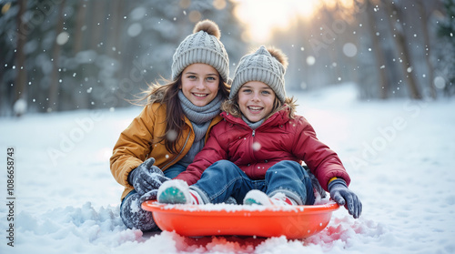 Children enjoy the joy of sledding down the hill, falling snowflakes and bright smiles.