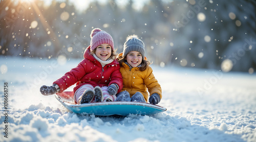 Children enjoy the joy of sledding down the hill, falling snowflakes and bright smiles.