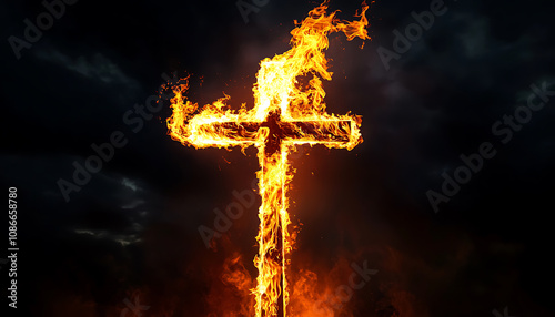 christian jesus christ burning cross in dark night sky intense orange flames symbolic of faith religion  photo