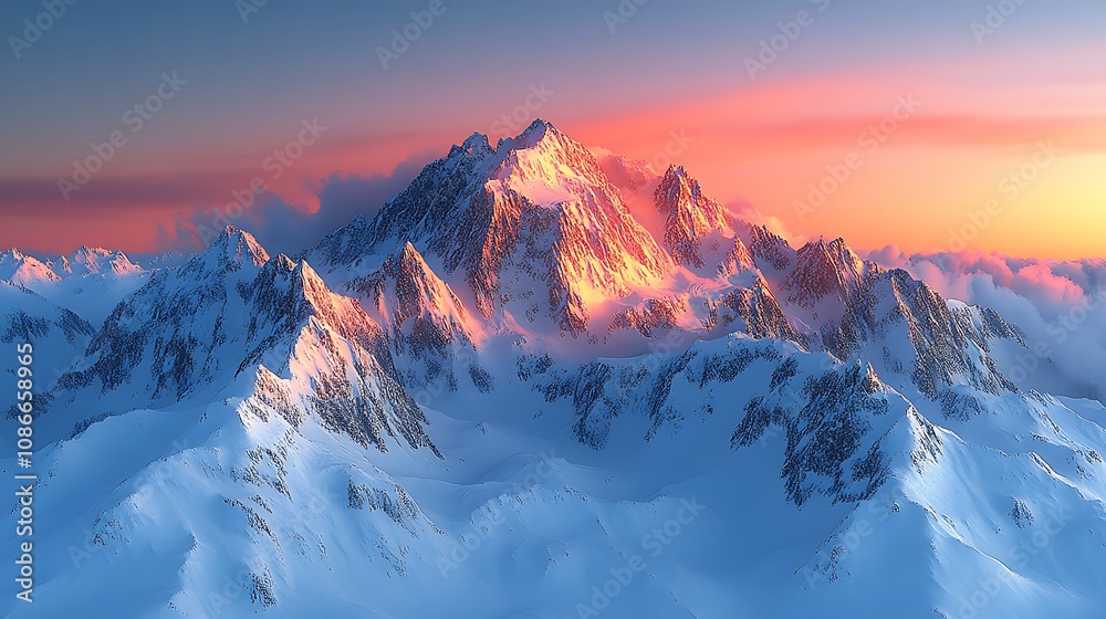 Majestic snow-capped mountain range bathed in the warm glow of a vibrant sunset. Majestic snow-capped mountain range bathed in the warm glow of a vibrant sunset.
